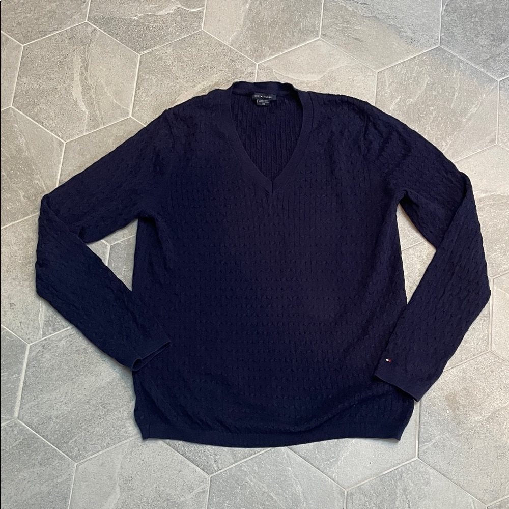Tommy Hilfiger Women’s V-Neck Cable Knit Sweater - Navy Blue - Size Large